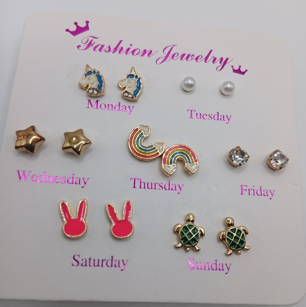 Days of the Week Earring Set for Girls (Unicorn, Stars and Bunnies Variety)